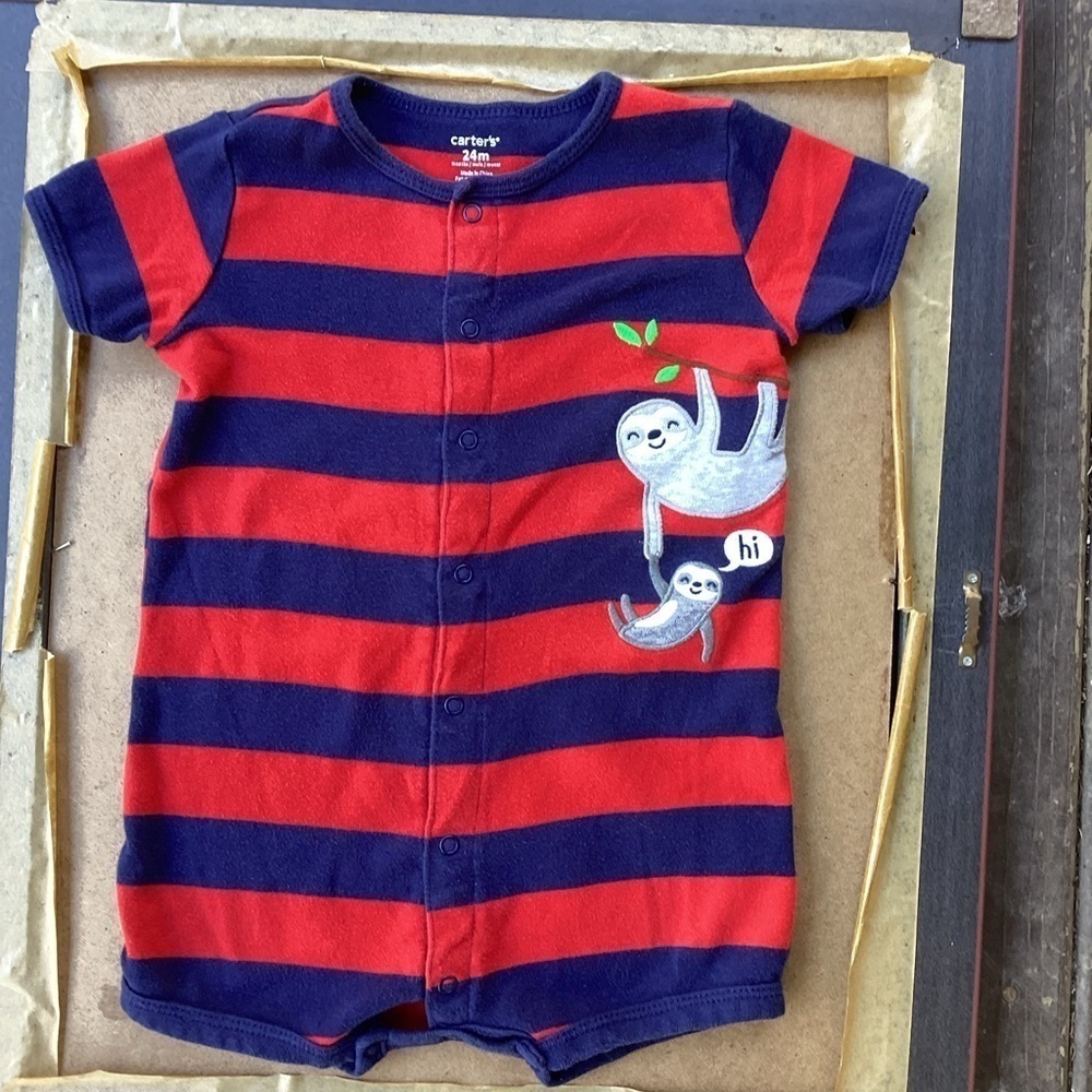 Carter’s blue and red striped sloth one piece, size 24 months